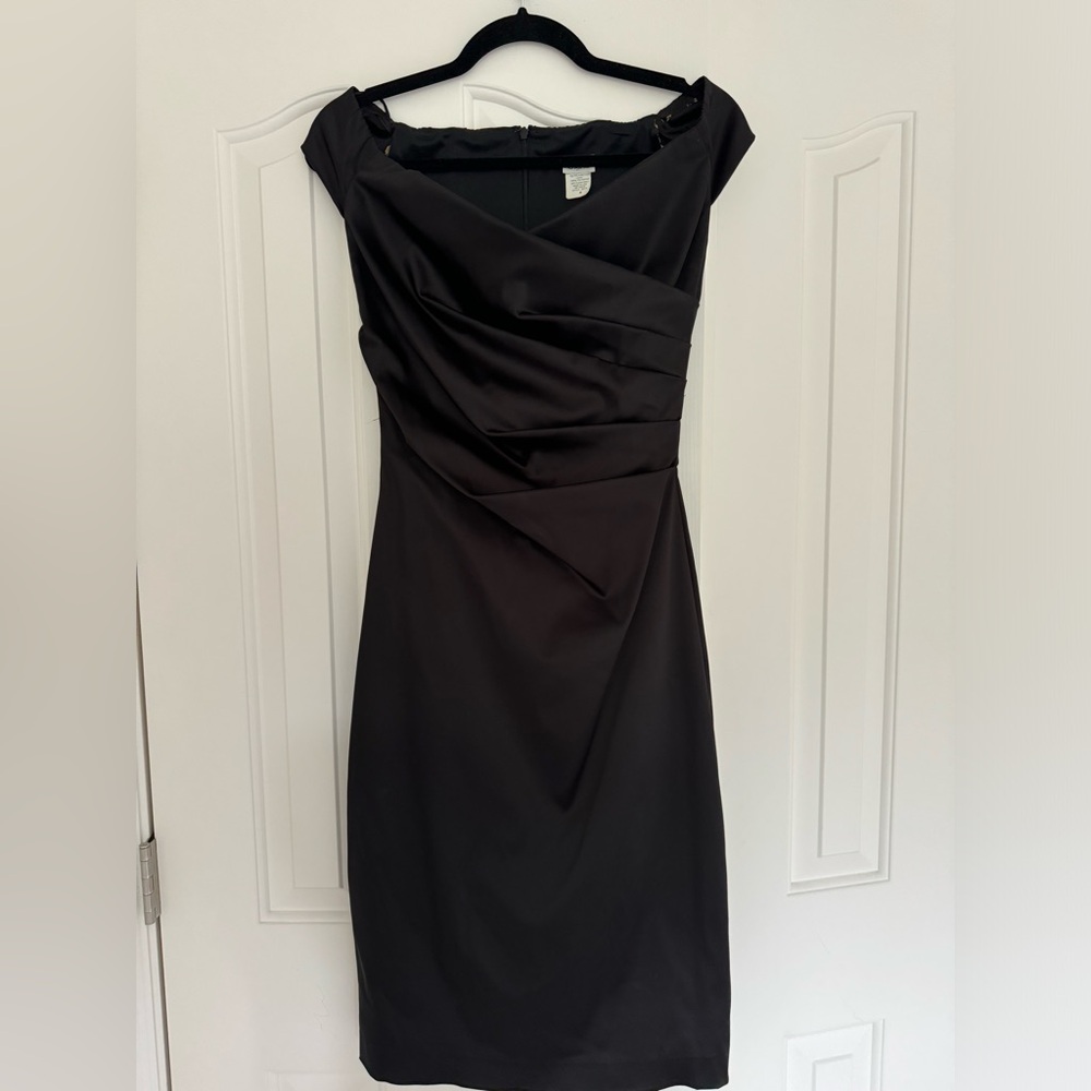 Vintage made in USA Cache LBD pencil dress with boatneck and ruched top